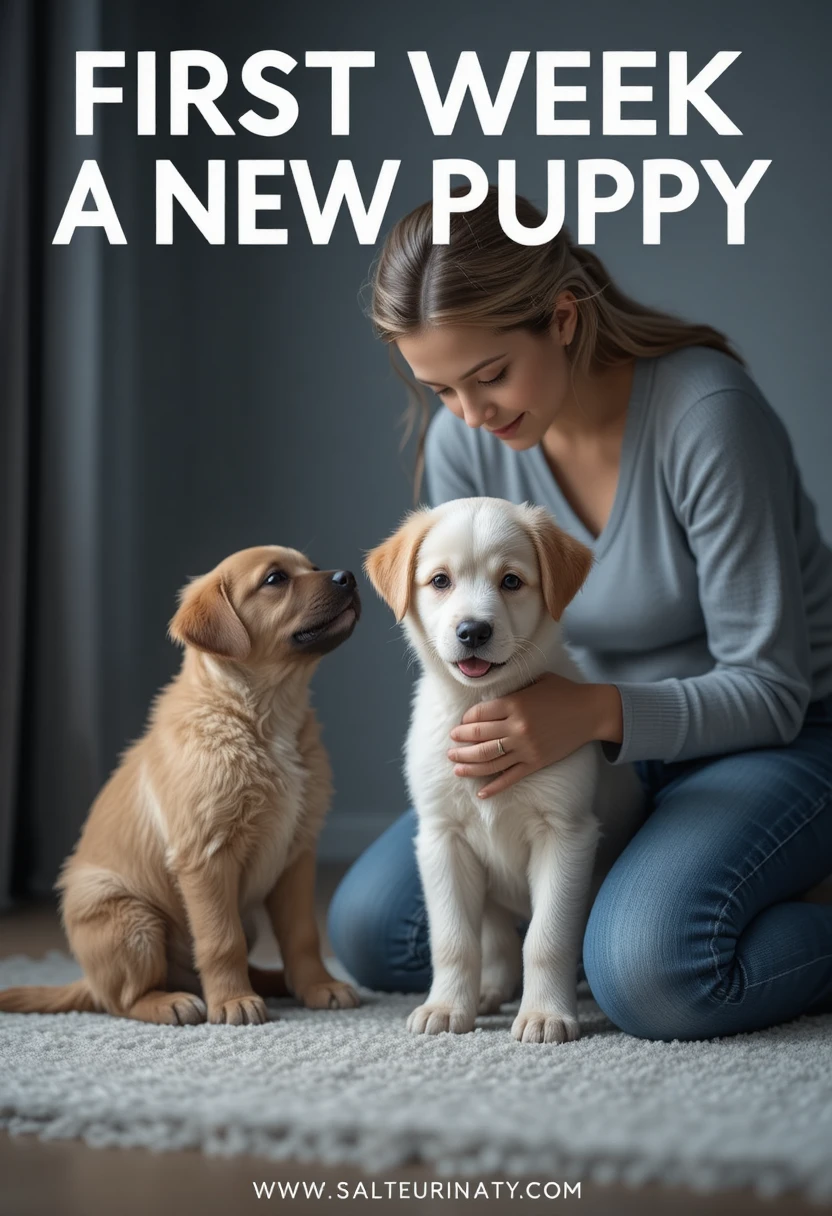 First week with a new puppy tips, showing essential steps like puppy-proofing, vet visits, potty training, and building a calm daily routine