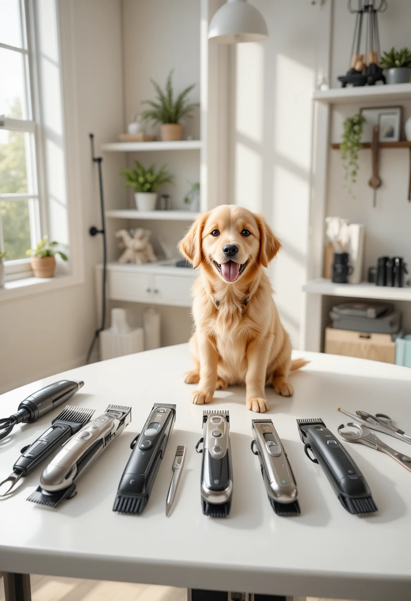 Top-rated dog clippers for home grooming, including cordless and corded options for all coat types, displayed in a professional buyer's guide setup.
