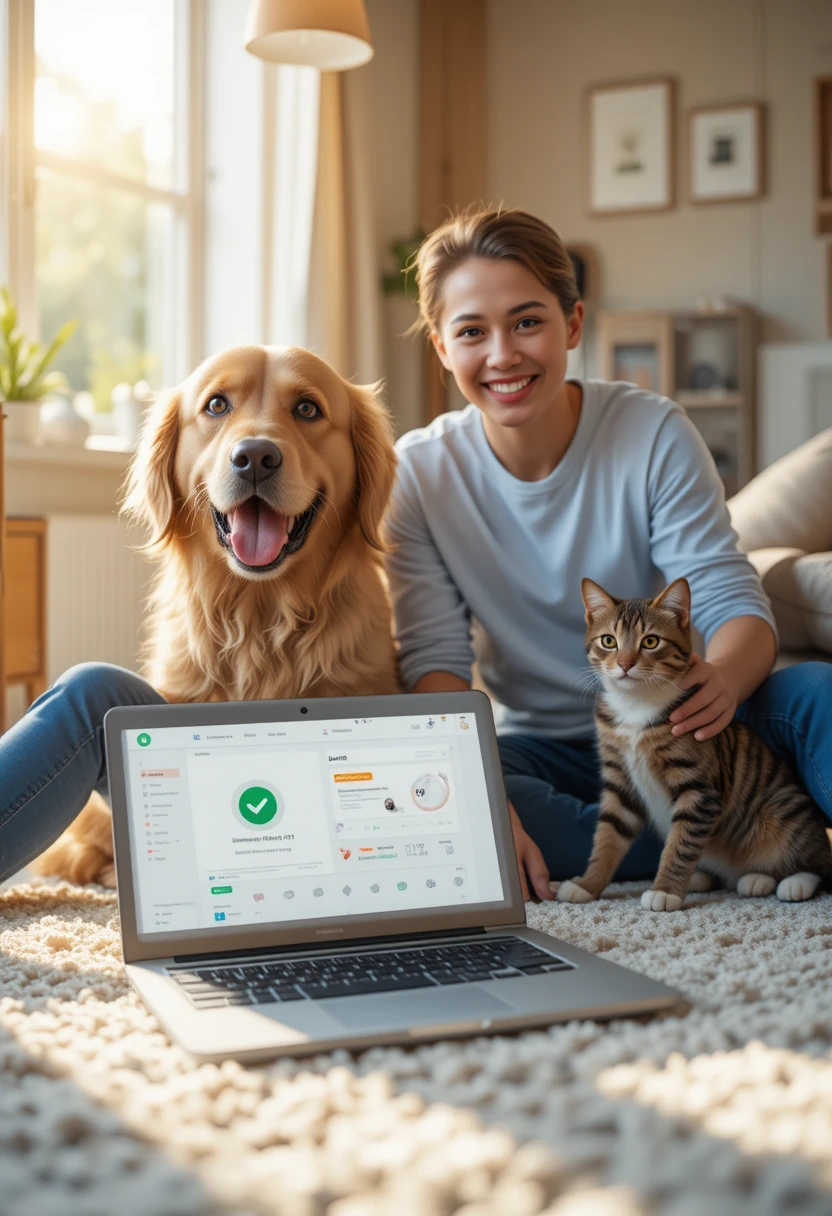 Pet owner with dog and cat reviewing pet insurance worth and coverage options at home."