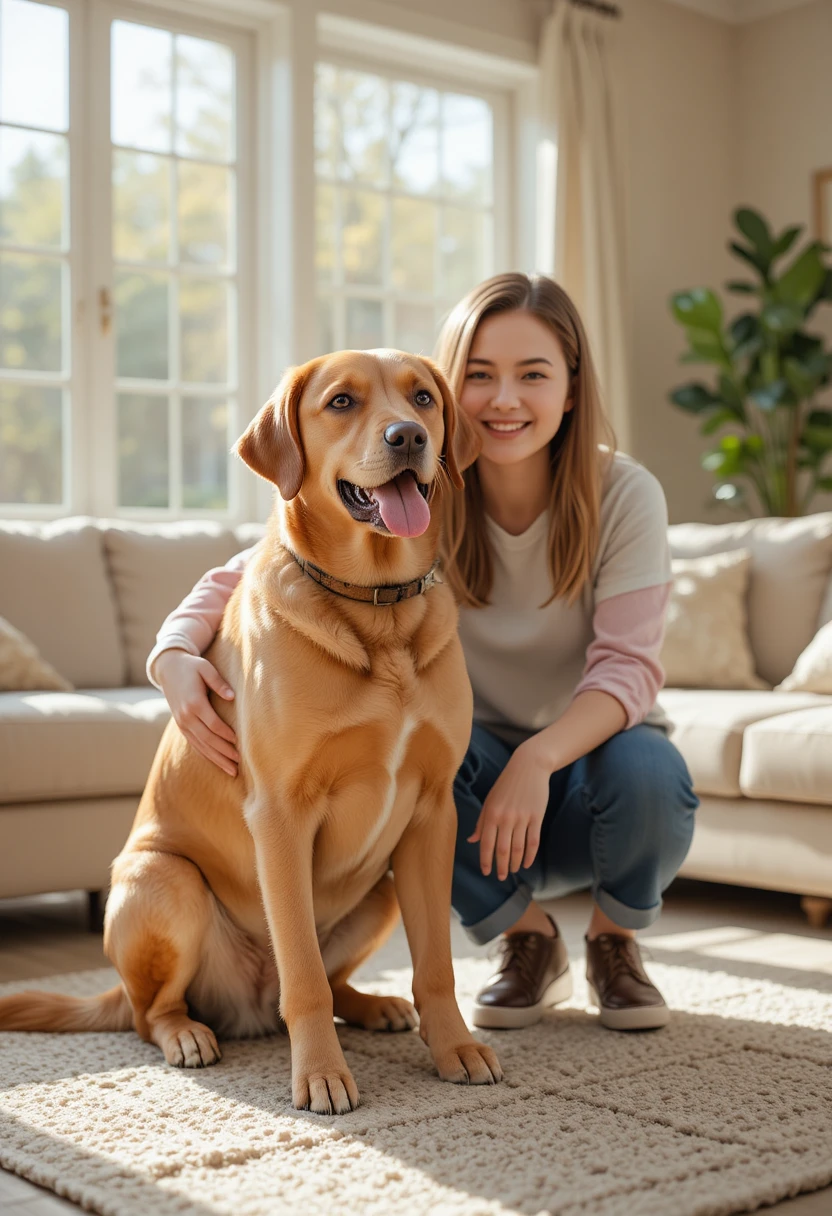 A warm and heartwarming photograph of a Labrador Retriever with a glossy golden coat sitting attentively beside a smiling new owner in a bright living room, soft natural daylight streaming through large windows, realistic high-detail lifestyle photography with warm neutral tones symbolizing an easygoing, trainable breed ideal for first-time dog owners.