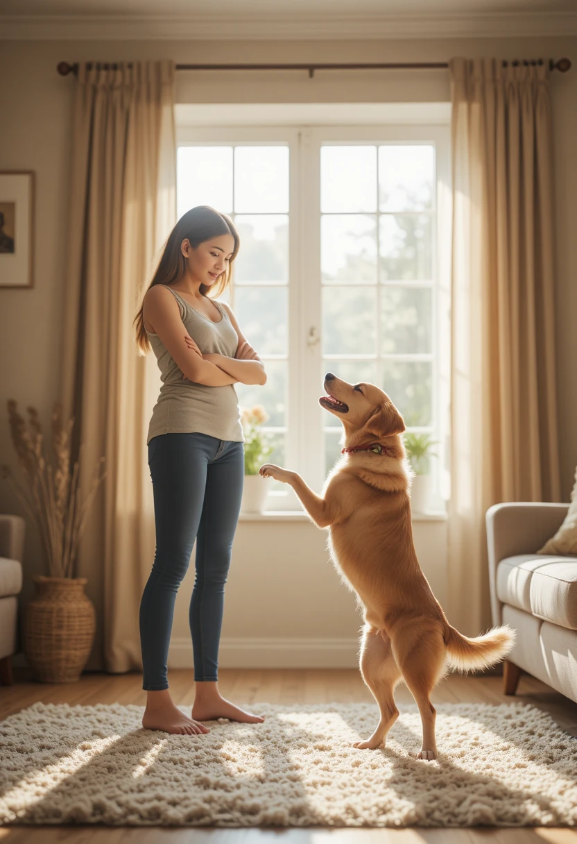 Dog owner calmly turning away from a jumping dog, representing proven and positive ways to stop dogs from jumping on people