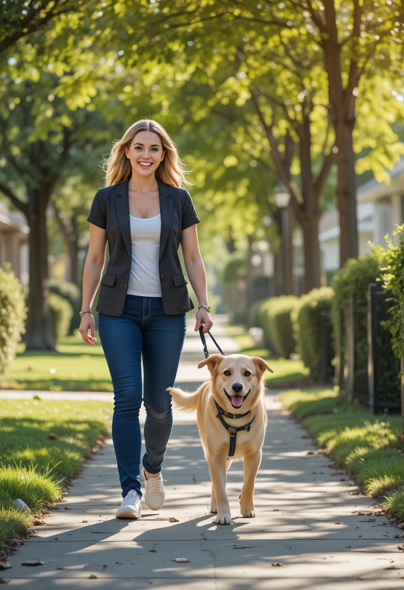 Dog owner walking their dog calmly on a loose leash, representing successful and positive leash training techniques