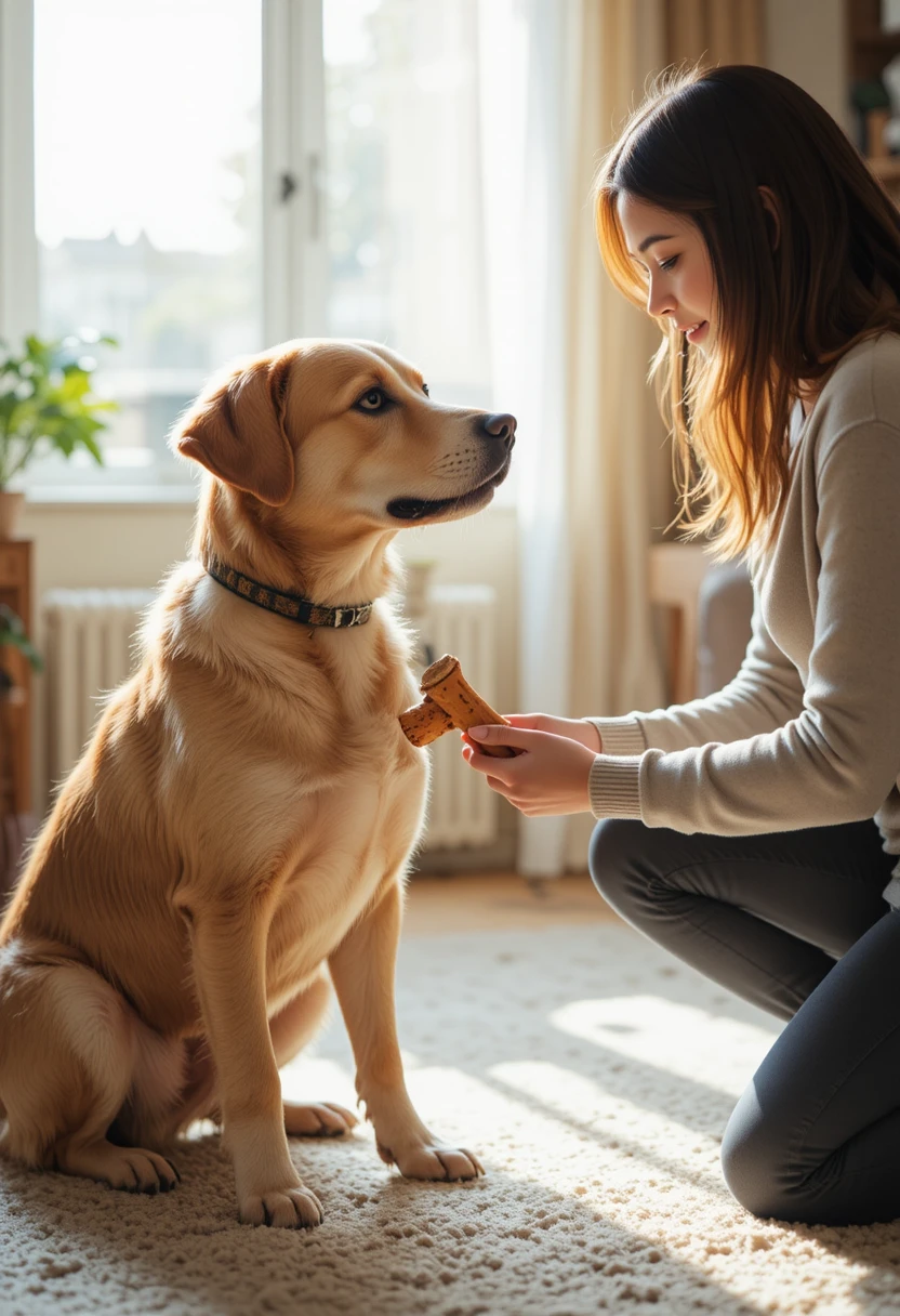 Dog owner gently redirecting a puppy's attention with a chew toy, representing proven and positive ways to stop a dog from biting