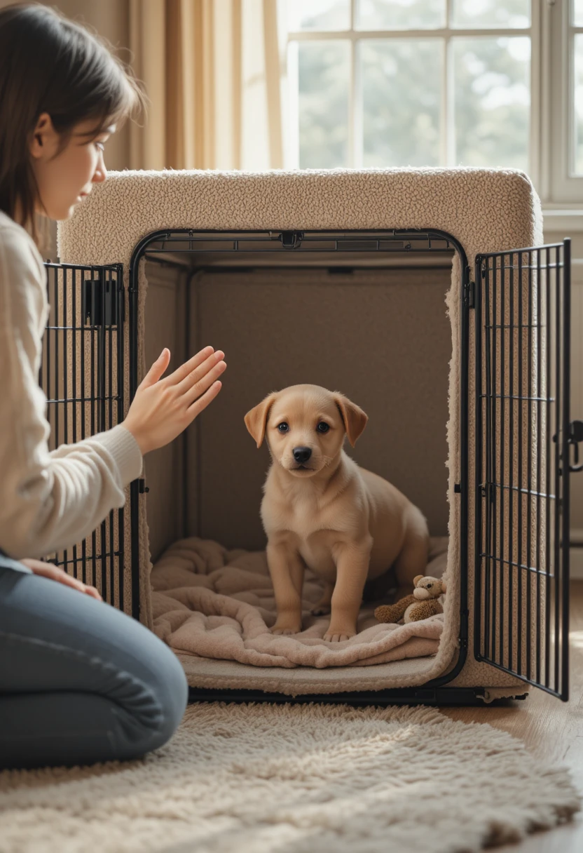 Puppy curiously stepping into a cozy, open crate, representing positive and effective crate training techniques