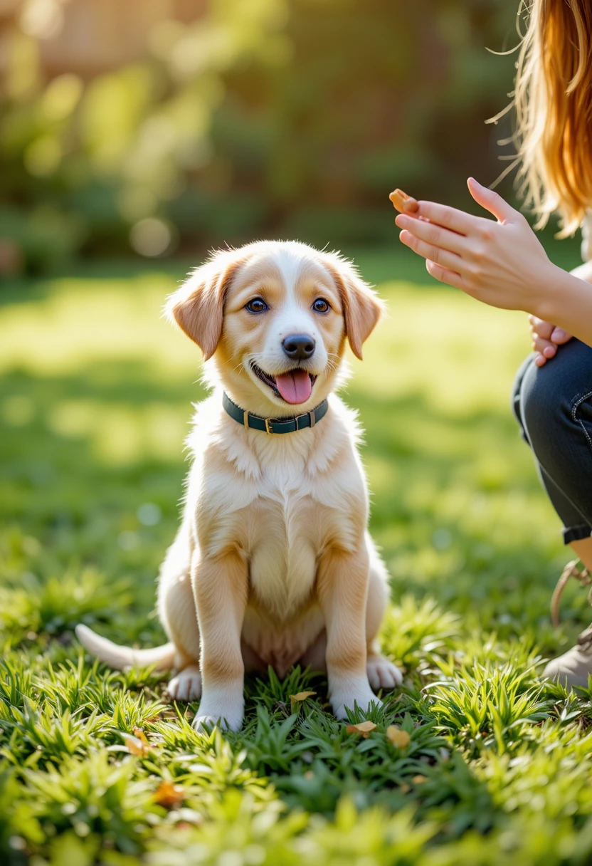 Puppy owner praising their dog after a successful outdoor potty break, representing genius and effective potty training techniques.
