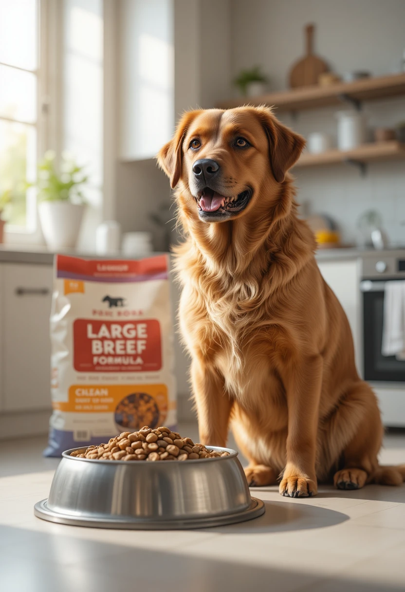 Healthy large breed dog sitting beside a bowl of large-breed formula dog food, representing the best dog food ideas for large breeds