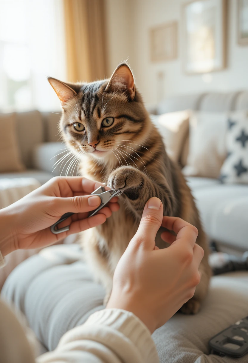 Person gently trimming a cat's nails with proper clippers, representing safe and expert techniques for cat nail care