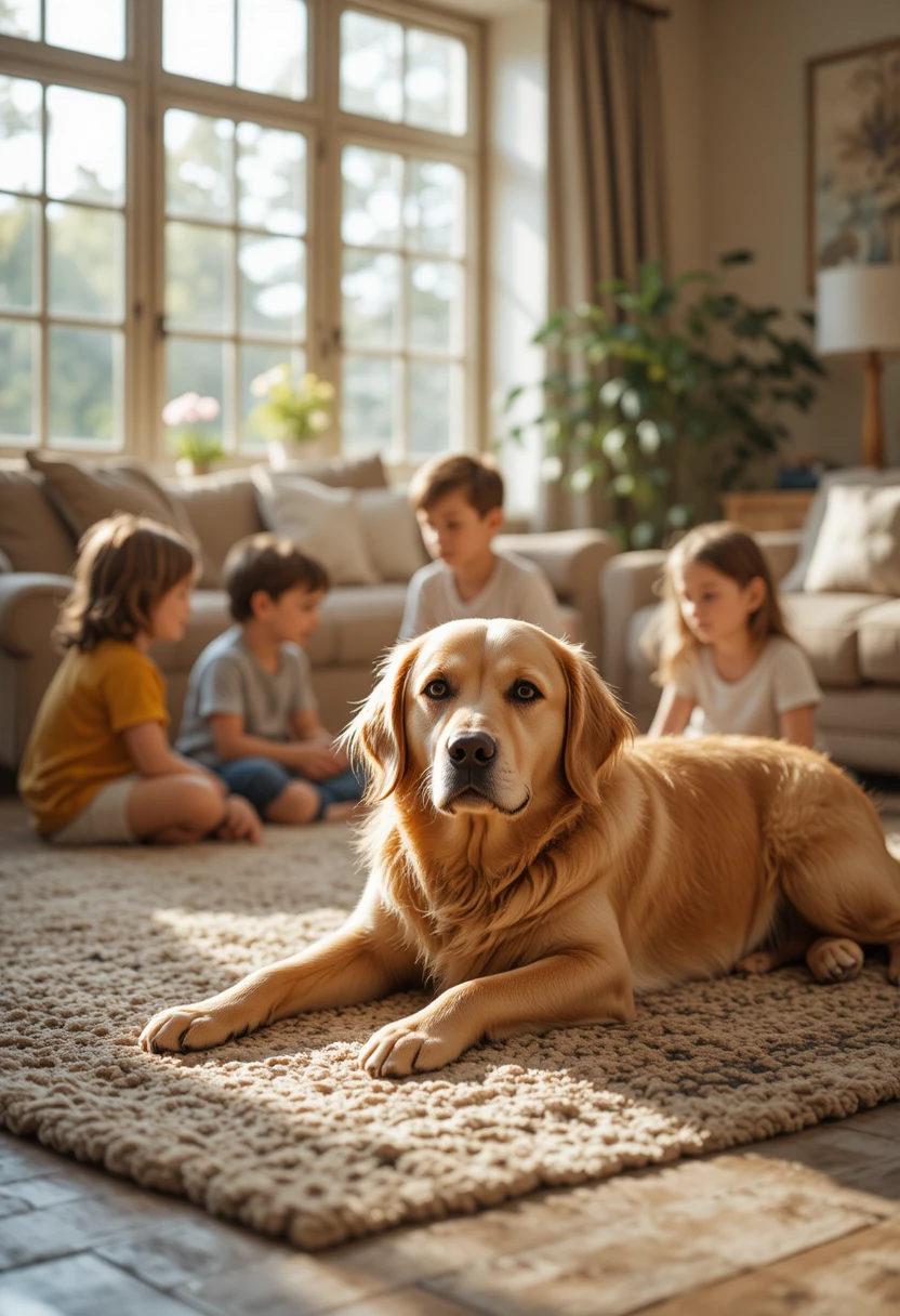 Calm Golden Retriever resting peacefully with children nearby, representing the best calm dog breeds for families.