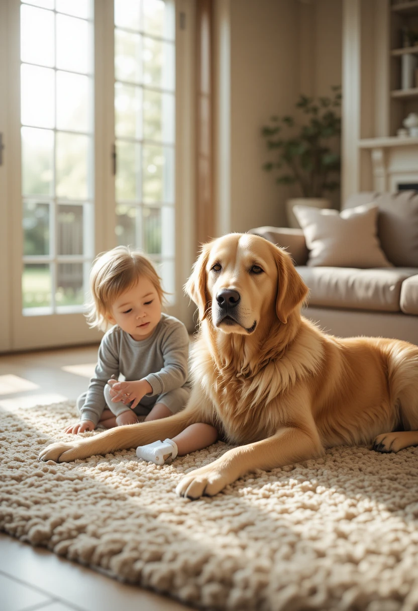 Golden Retriever lying beside a child in a bright living room, representing the best dog breeds for families with kids.