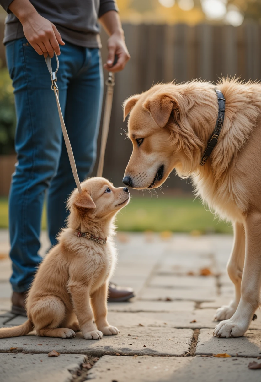 Puppy and resident dog calmly meeting in a backyard, representing gentle and successful ways to introduce pets without drama