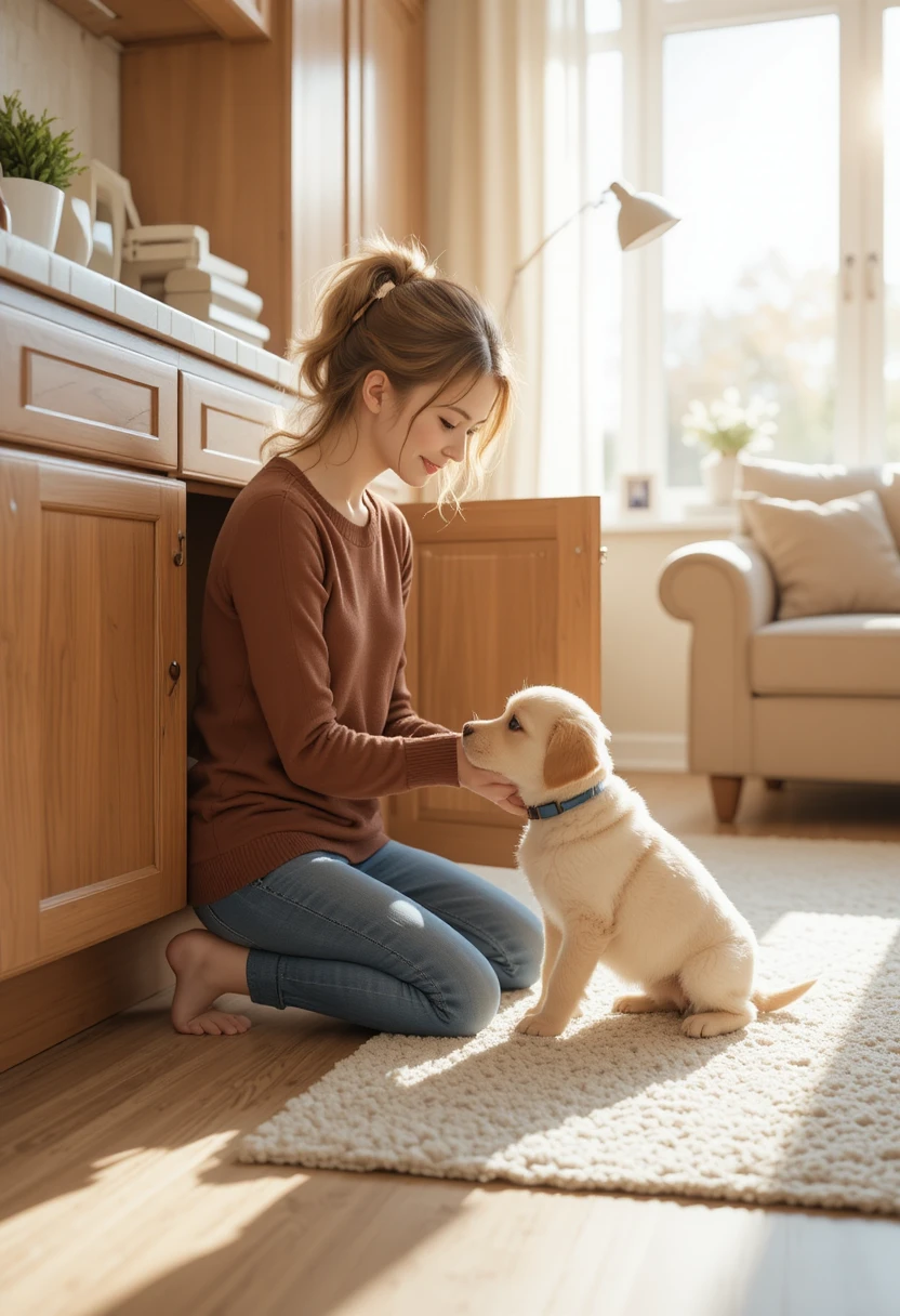 Pet owner installing a childproof cabinet latch, representing genius puppy-proofing ideas to keep a new dog safe at home