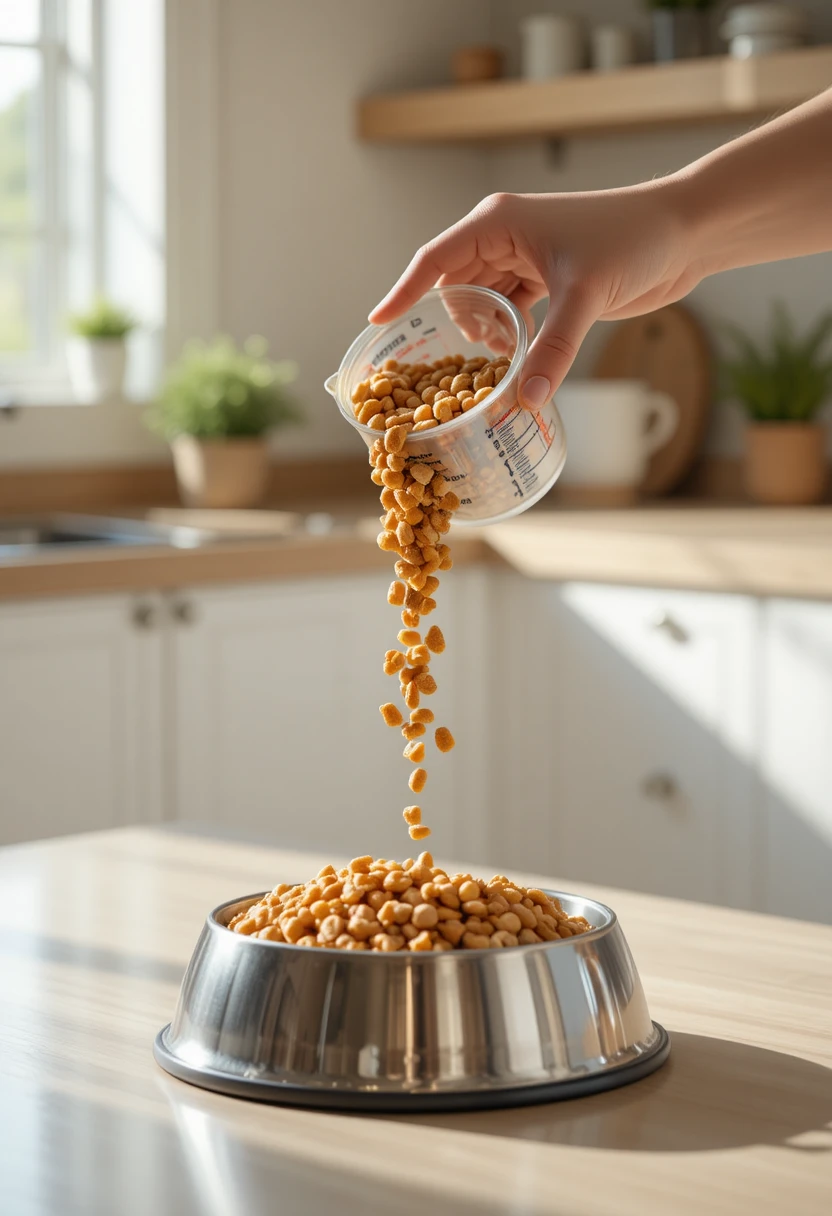 Person measuring dog food with a marked cup, representing simple and accurate ways to get feeding portions right every time.