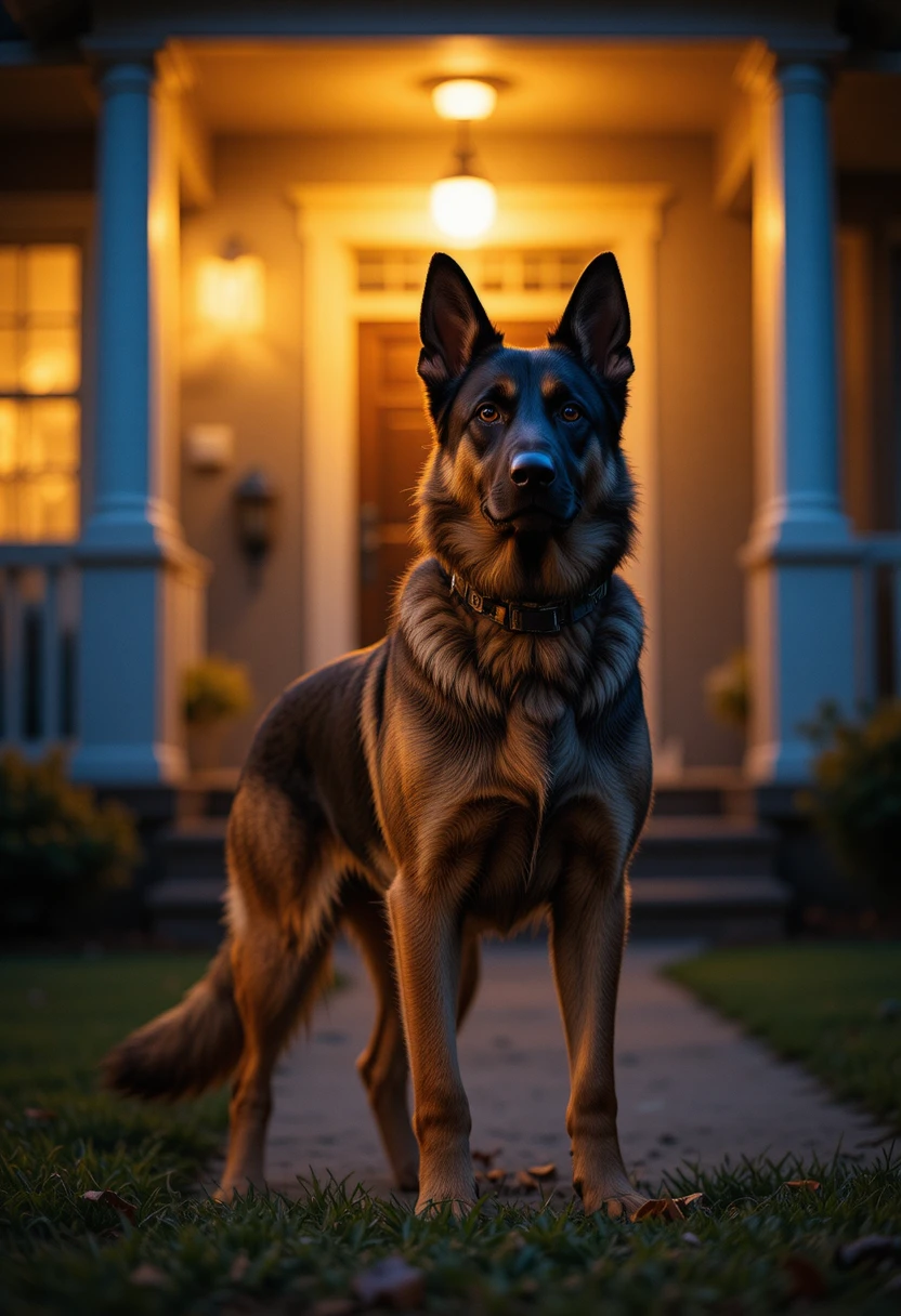 Alert German Shepherd standing guard in a front yard at dusk, representing the best guard dog breeds to protect home and family