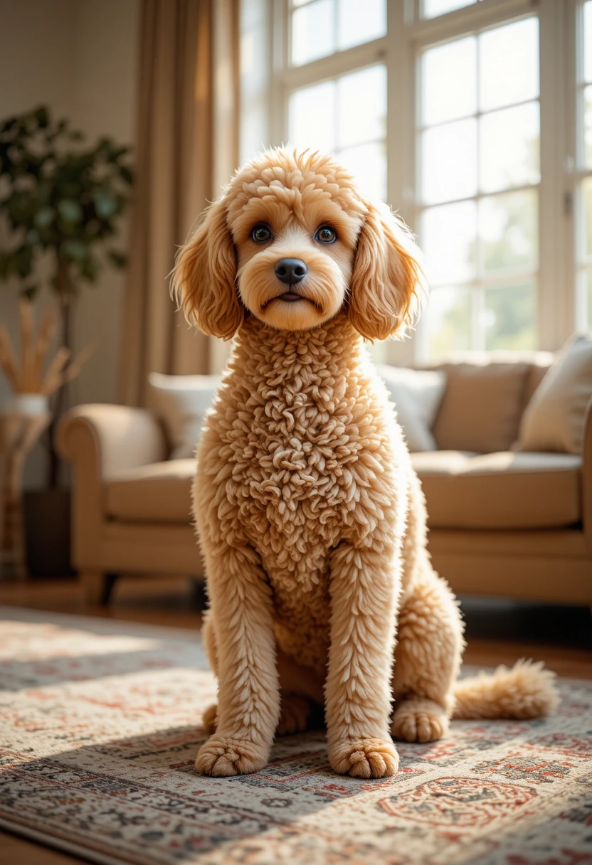 Poodle with curly apricot fur sitting in a bright living room, representing hypoallergenic dog breeds ideal for allergy sufferers.