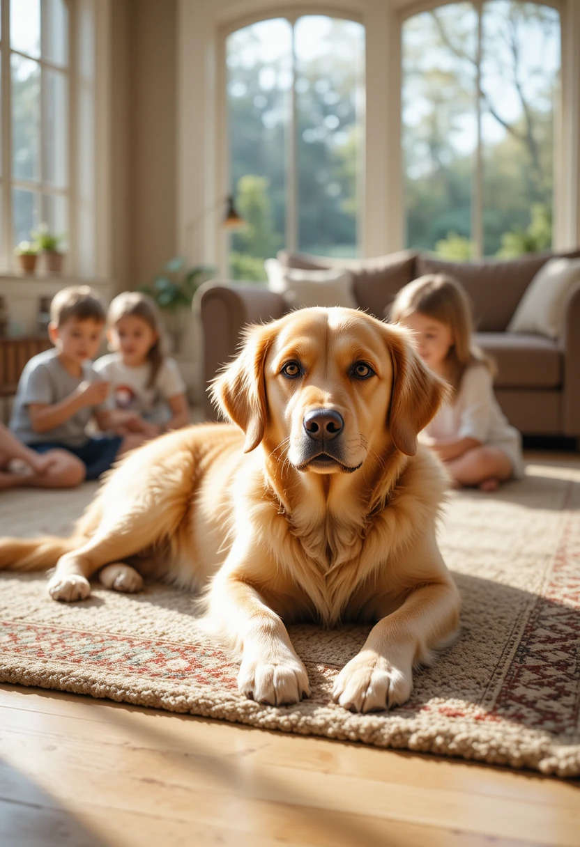 Golden Retriever lying beside children in a bright living room, representing the best family-friendly dog breeds