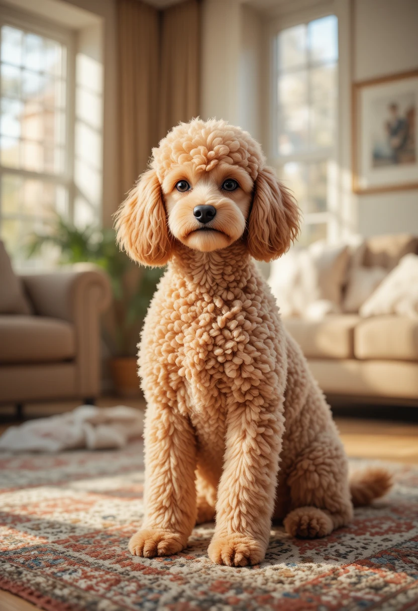Poodle with curly apricot fur sitting in a bright living room, representing the best low-shedding dog breeds