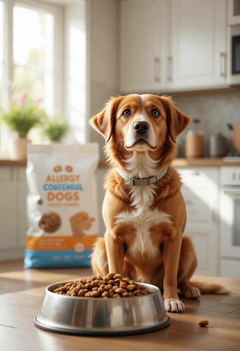 Healthy dog sitting beside a bowl of hypoallergenic dog food, representing the best dog food ideas for managing allergies
