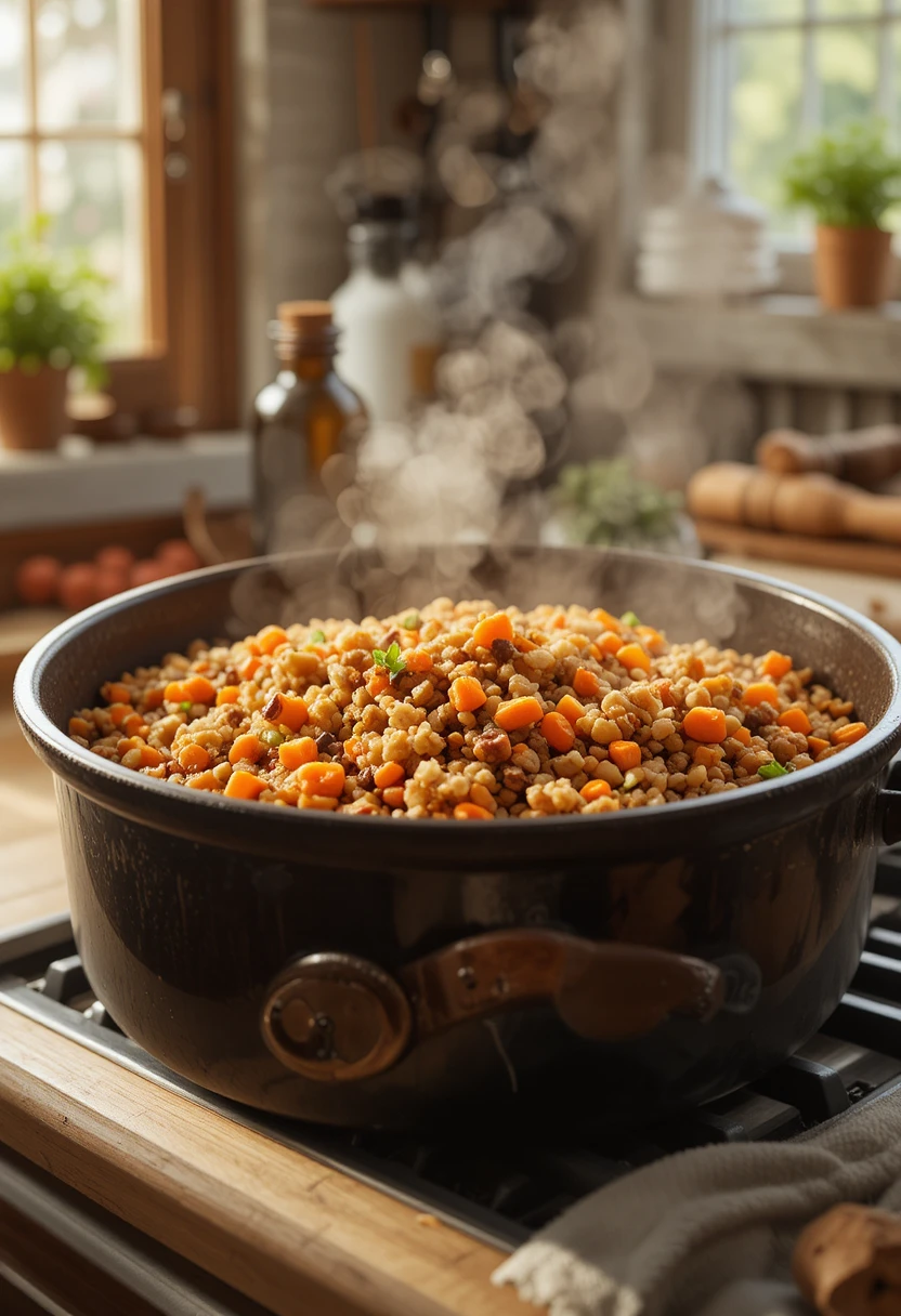 Homemade dog food bowl with shredded chicken, sweet potato, and green beans, representing nutritious homemade recipes dogs will love.