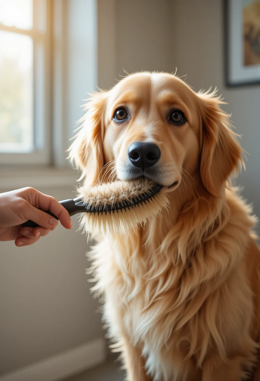 Pet owner brushing a fluffy double-coated dog with a slicker brush, representing proper grooming techniques for a healthy, shiny coat