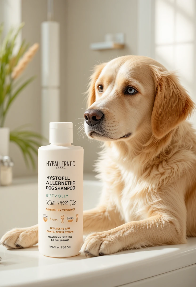 Bottle of hypoallergenic dog shampoo beside a calm, healthy-coated dog, representing the best shampoo options for sensitive skin.