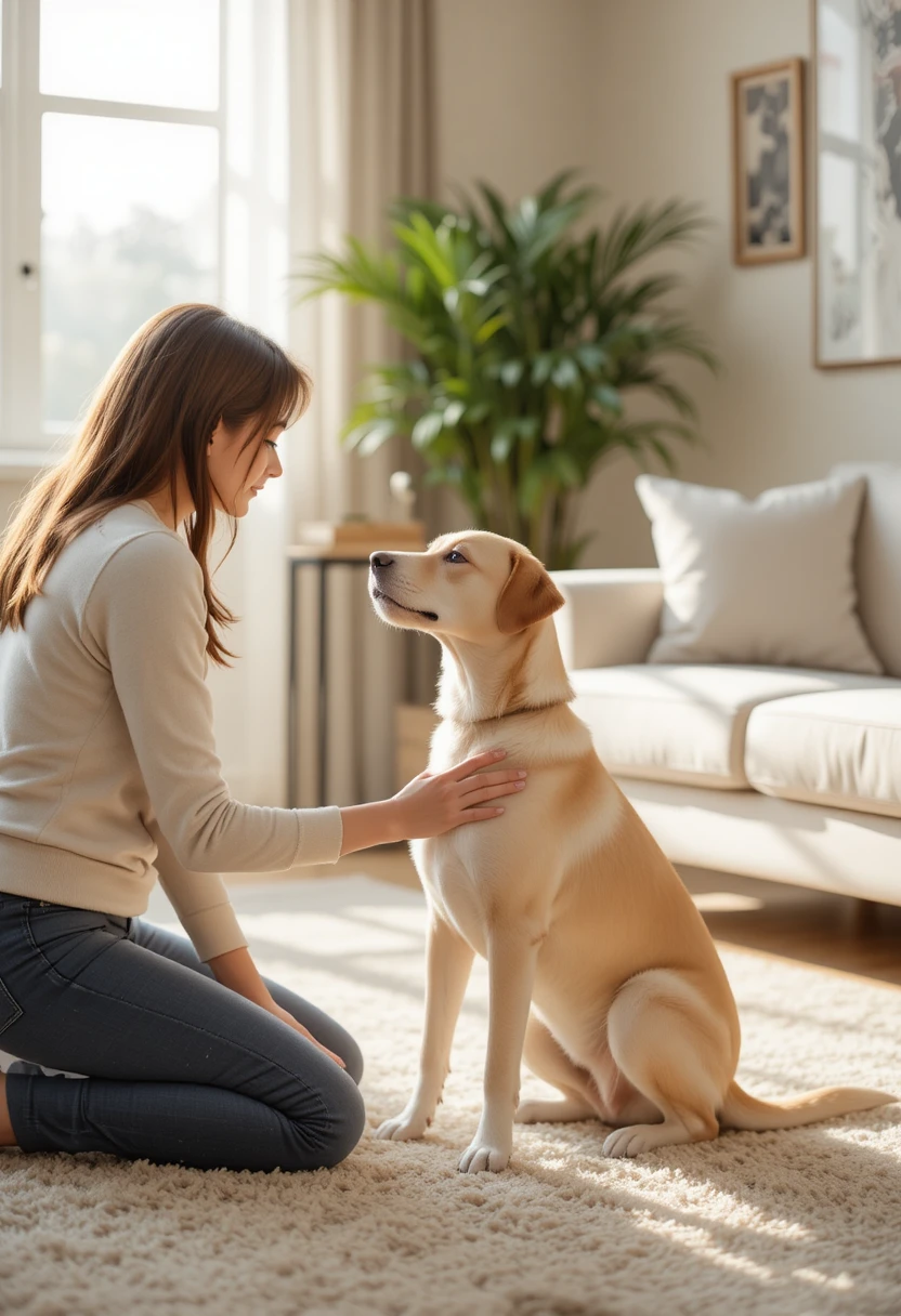 Owner calmly training their dog with a hand signal, representing effective and positive methods to stop a dog from barking