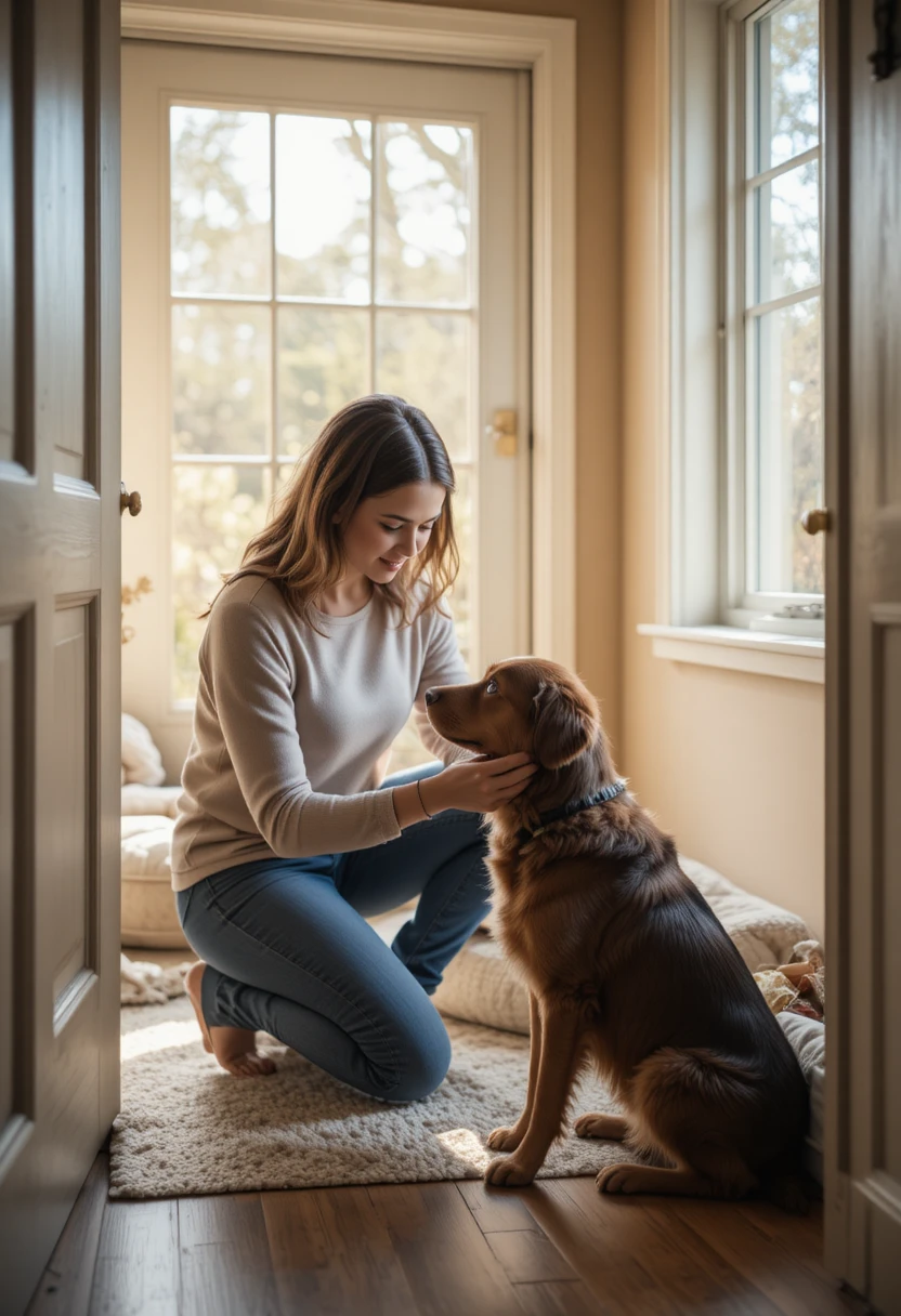 Owner calmly interacting with an anxious dog near the door, representing gentle techniques to stop separation anxiety in dogs