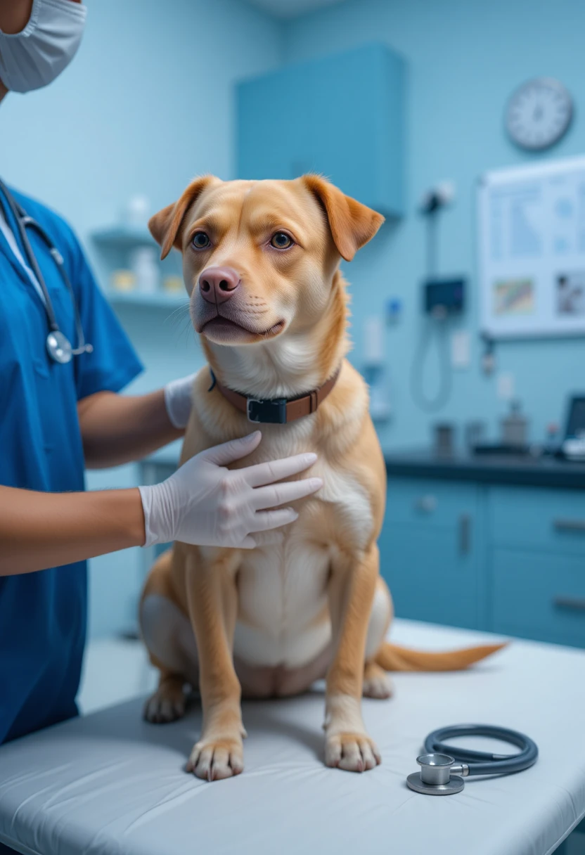Signs of heartworm in dogs, including coughing, fatigue, weight loss, and breathing difficulty, shown in a veterinary care setting