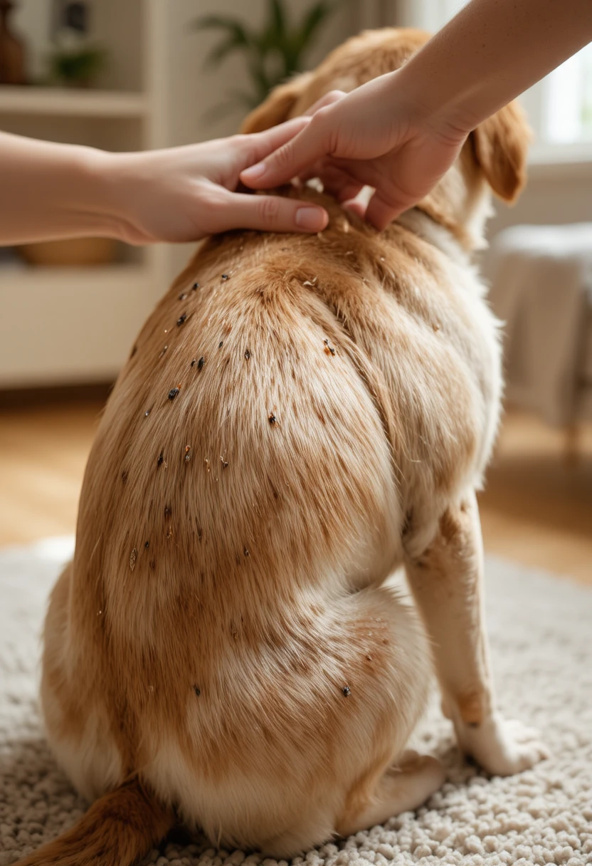 Signs your pet has fleas, including scratching, flea dirt, hair loss, and skin irritation, shown through close-up pet care imagery.