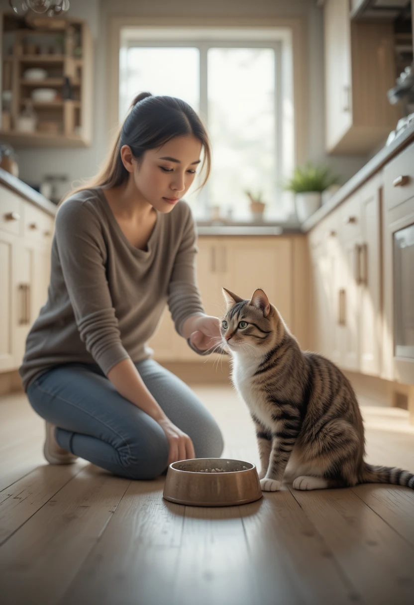 Cat sitting near an untouched food bowl while owner checks on it, illustrating reasons behind sudden appetite loss in cats