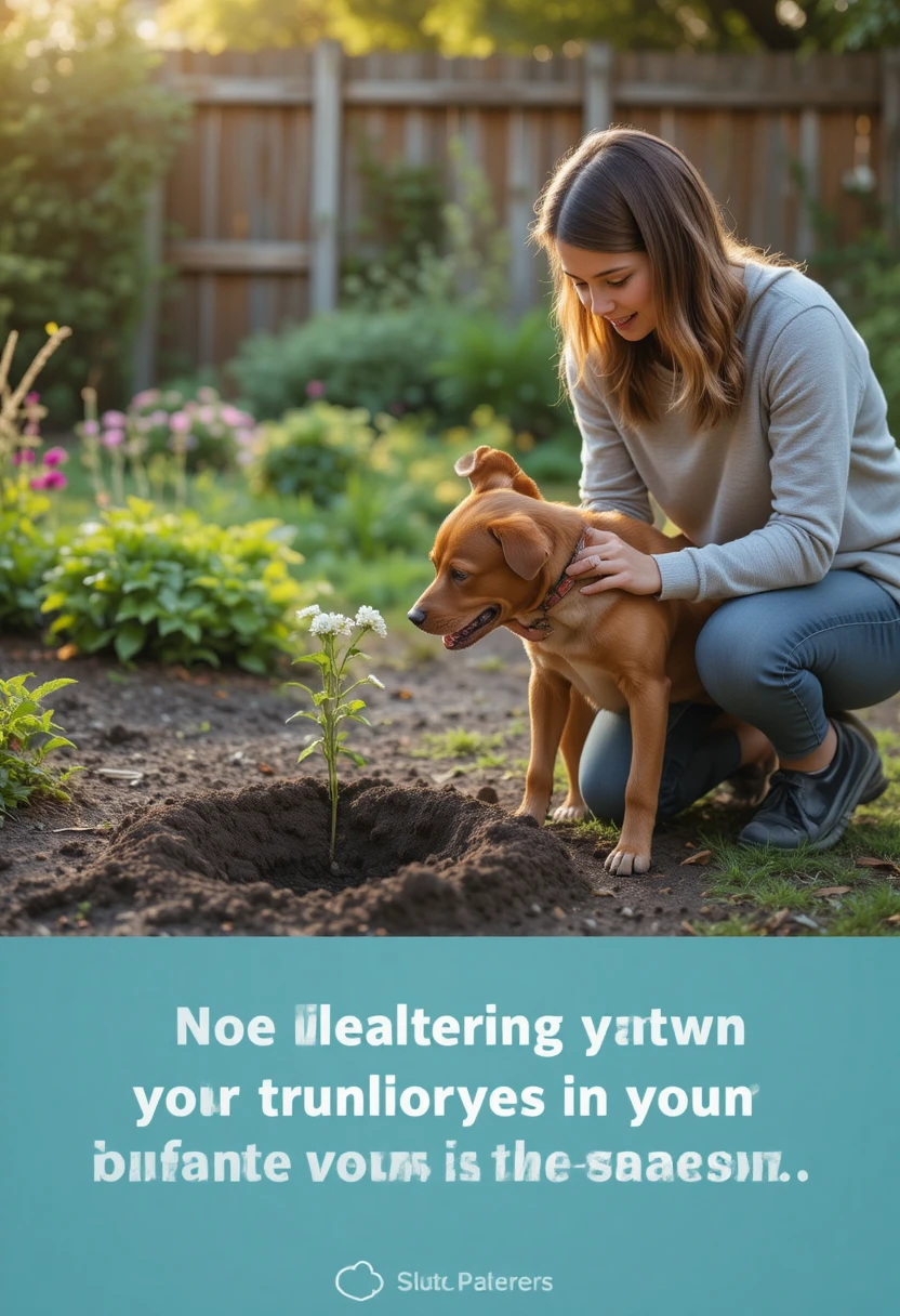 Dog owner gently redirecting their dog's attention in a garden, representing proven and positive ways to stop digging behavior.