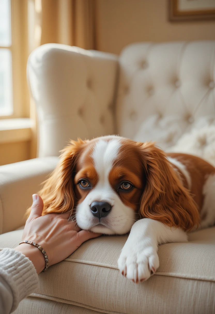 A warm and majestic photograph of a Bernese Mountain Dog with its distinctive tri-color coat of black, rust, and white, resting calmly on a porch surrounded by soft autumn foliage, gentle afternoon sunlight highlighting its thick, fluffy fur, a family member's hand affectionately resting on its back, realistic high-detail pet photography with warm earthy and amber tones symbolizing loyalty, gentleness, and the breed's calm, family-friendly temperament.