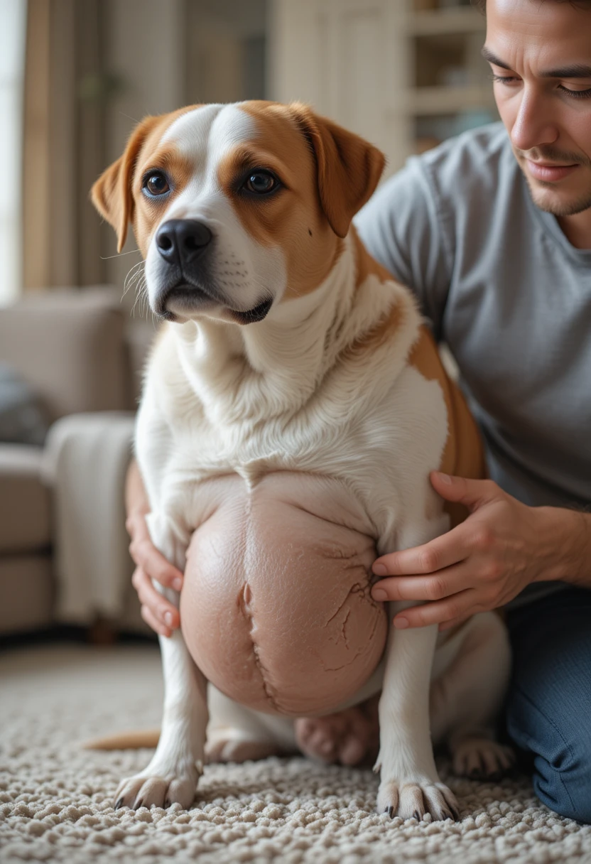 A concerned and close-up realistic photograph of a dog's visibly swollen and distended abdomen being gently examined by its owner's hands, a worried expression on the owner's face as they press carefully near the pet's side, soft indoor lighting highlighting the concerning physical change in a quiet living room, realistic high-detail lifestyle photography with warm neutral tones symbolizing the urgent recognition of abdominal swelling as a key warning sign of bloat in dogs.