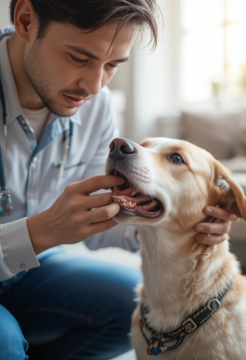 Concerned pet owner checking their dog for warning signs, representing critical symptoms that require emergency veterinary care.