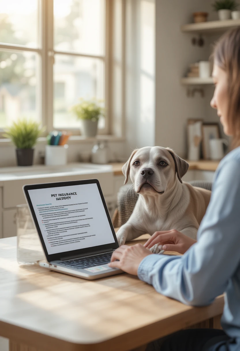 Pet owner reviewing pet insurance options for a dog with a pre-existing condition