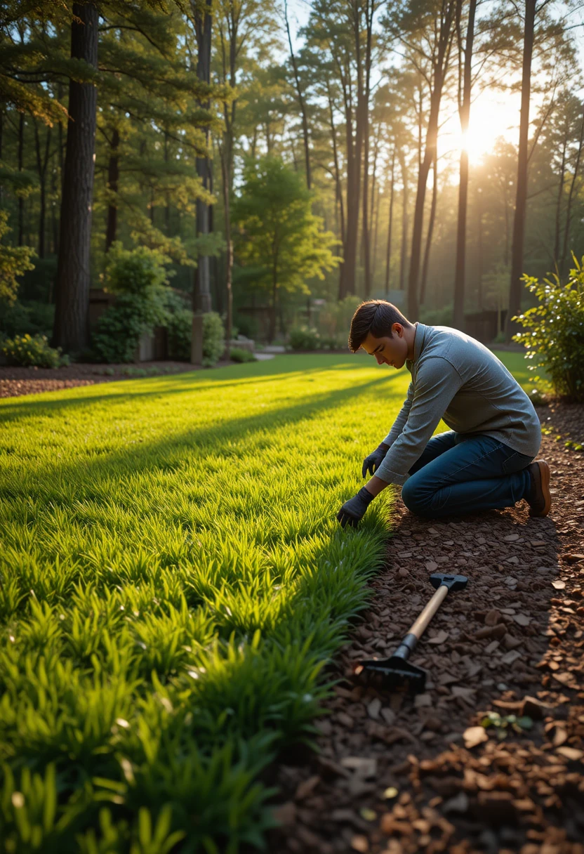 Homeowner inspecting backyard lawn edge with mulch barrier to prevent ticks in the yard