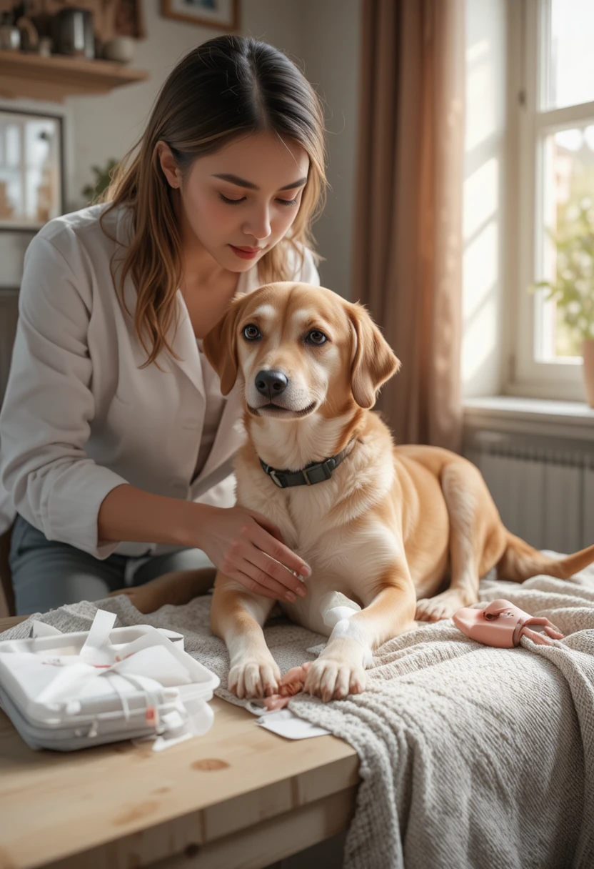 Pet owner cleaning and bandaging a dog bite wound at home with a first aid kit