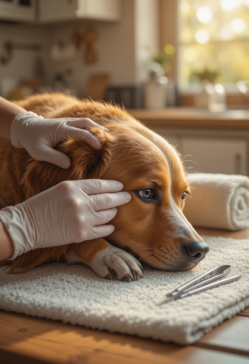 Pet owner using fine-tipped tweezers to safely remove a tick from a dog's skin