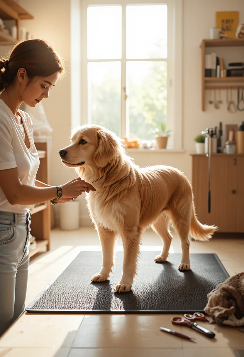 Pet owner grooming a dog at home with brushes, clippers, and grooming tools