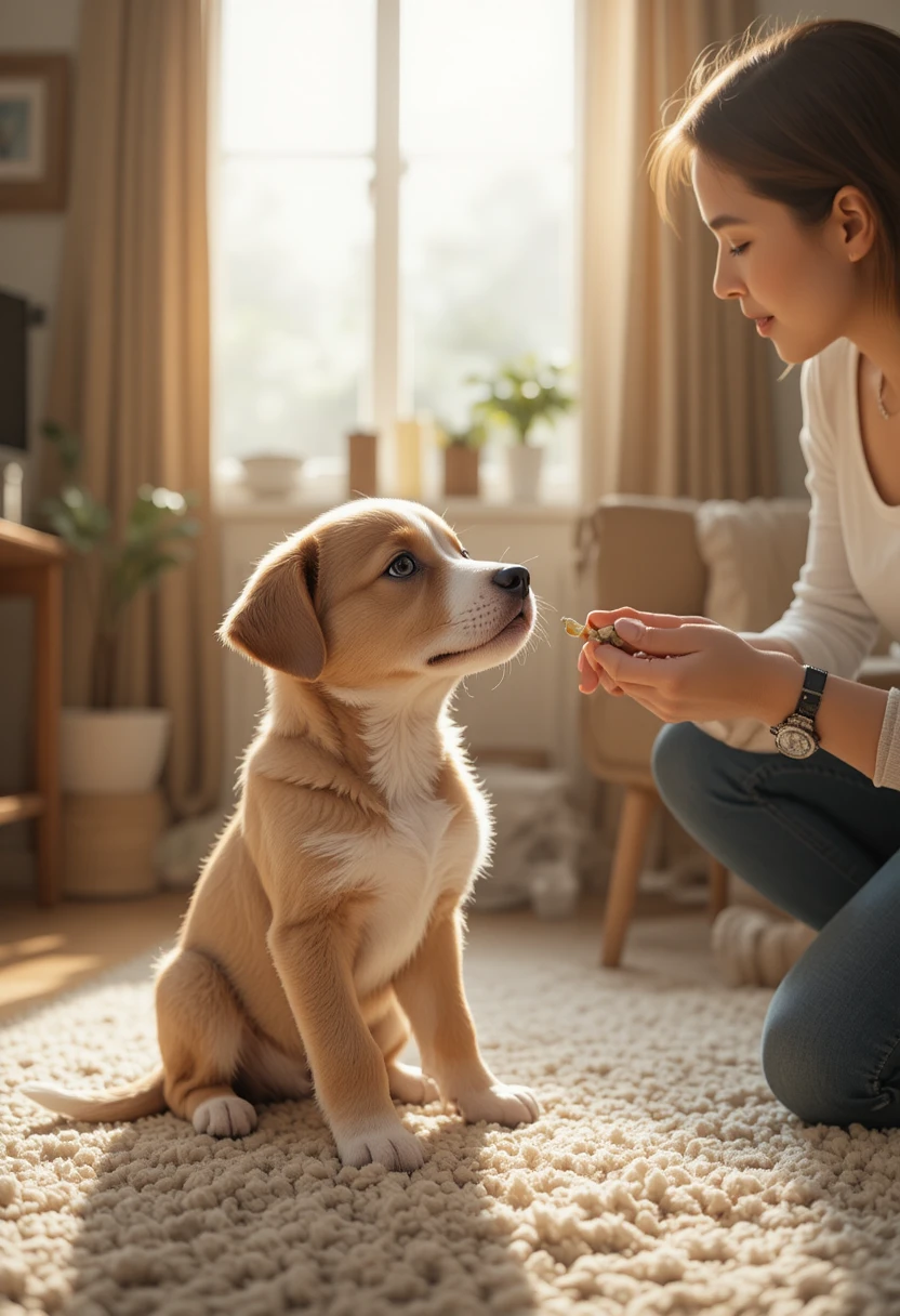 New puppy learning basic training in a bright and calm home environment