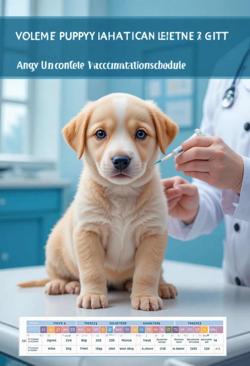 Complete puppy vaccination schedule from 6 weeks to 1 year, showing veterinary visits and vaccine milestones for full puppy immunity