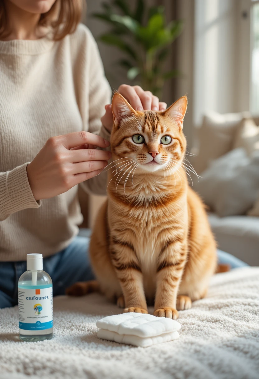 Owner gently cleaning a cat's ears at home using cotton pads and ear cleaning solution, demonstrating a safe step-by-step ear care routine