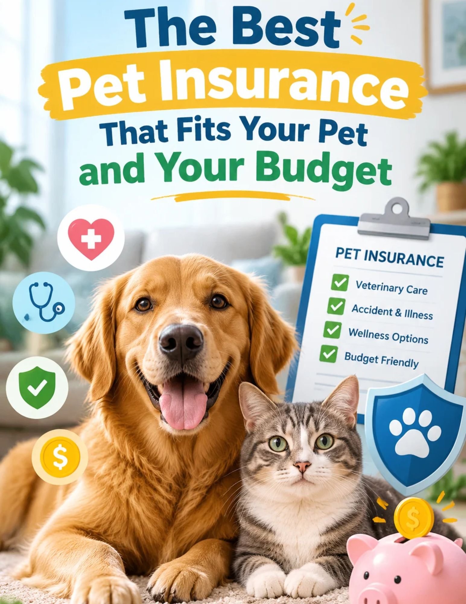 The best pet insurance that fits your pet and your budget, featuring a golden retriever, gray cat, and pet insurance benefits.